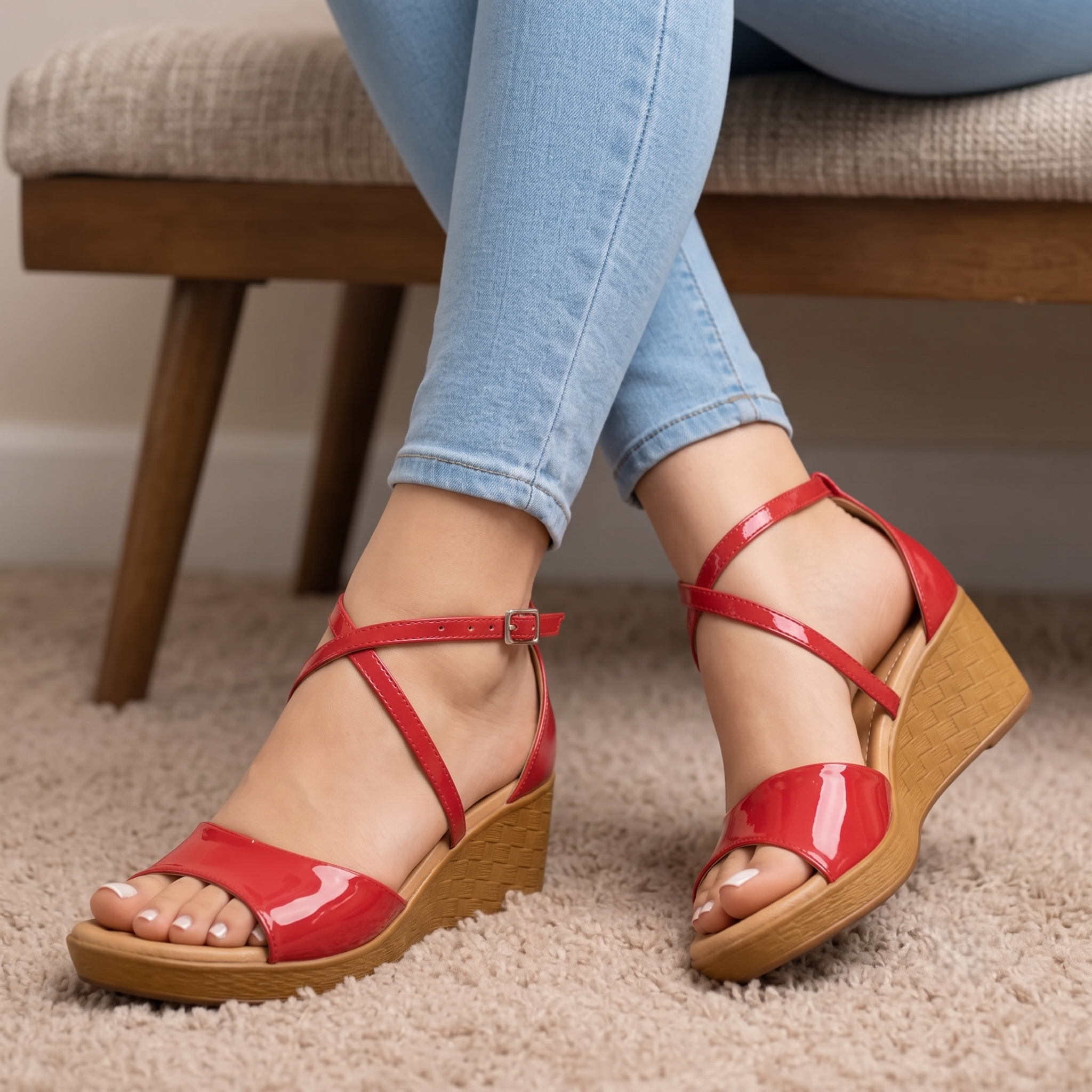 Sandalias de Charol con Cuña y Tiras Cruzadas — Modelo Sara Elena