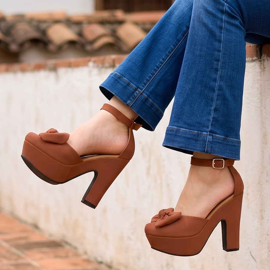 Tacones de Cuerina con Moño y Plataforma — Modelo Sarahi
