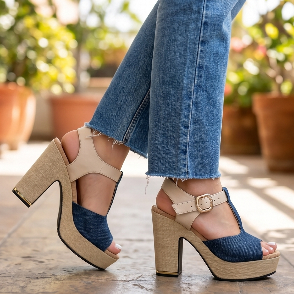 Sandalias de Tela Jean con Plataforma — Modelo Solana