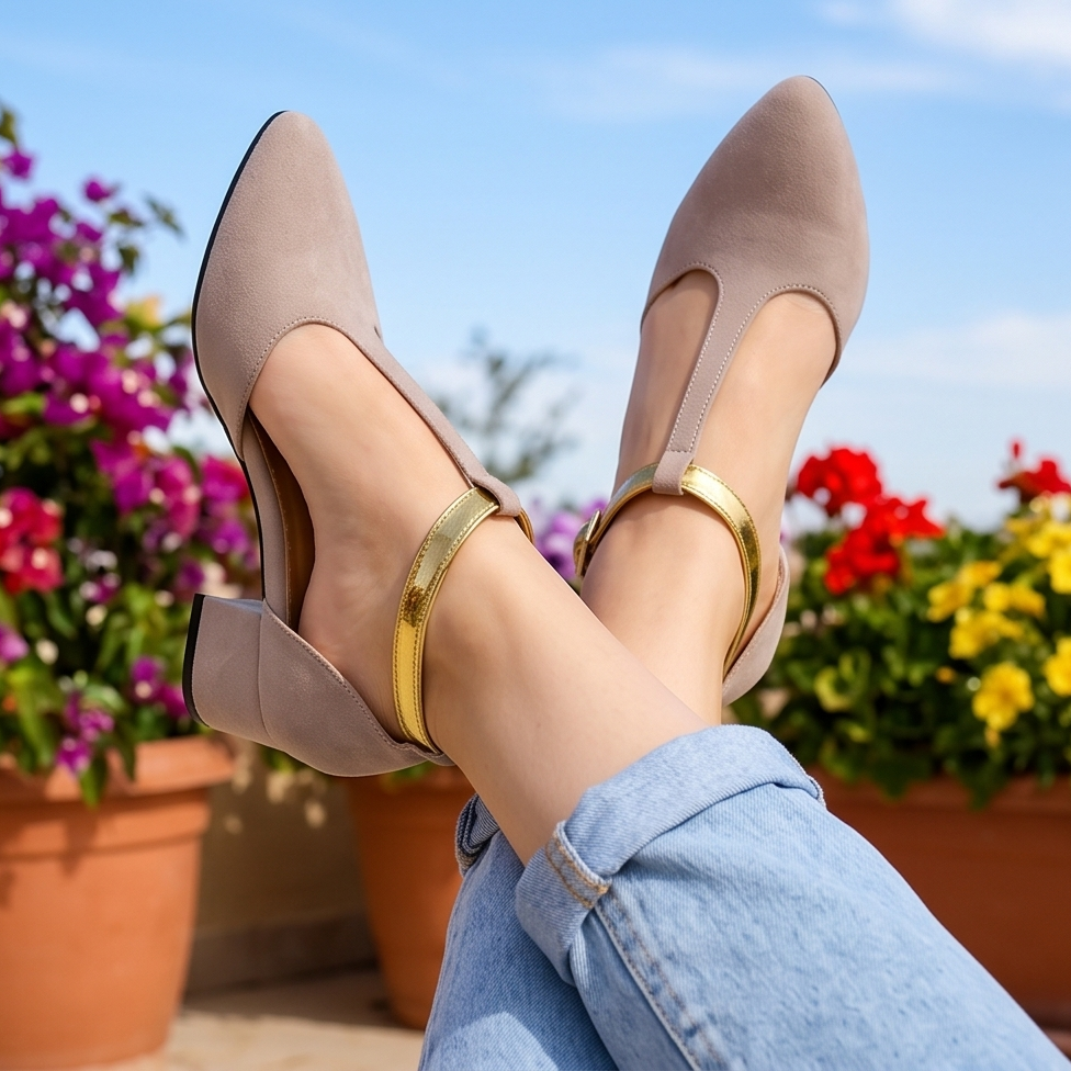 Zapatos de Gamuza con Correa Metalizada — Modelo Saya