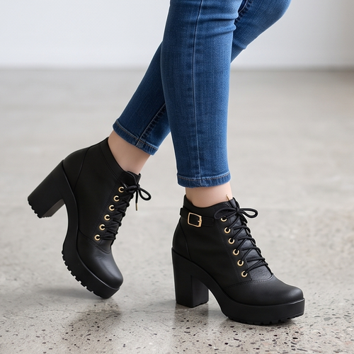 Botines de Cuerina con Hebilla y Cordones — Modelo Erika