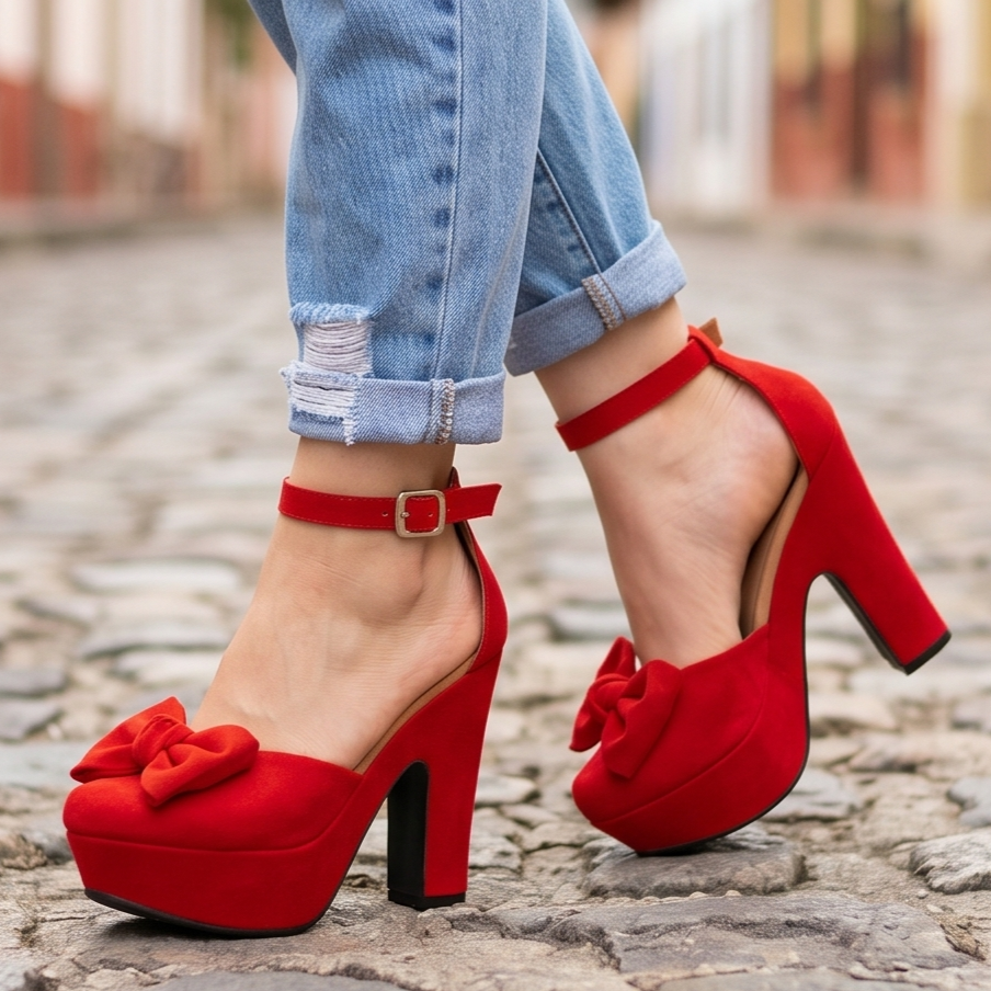 Tacones de Cuerina con Moño y Plataforma — Modelo Sarahi