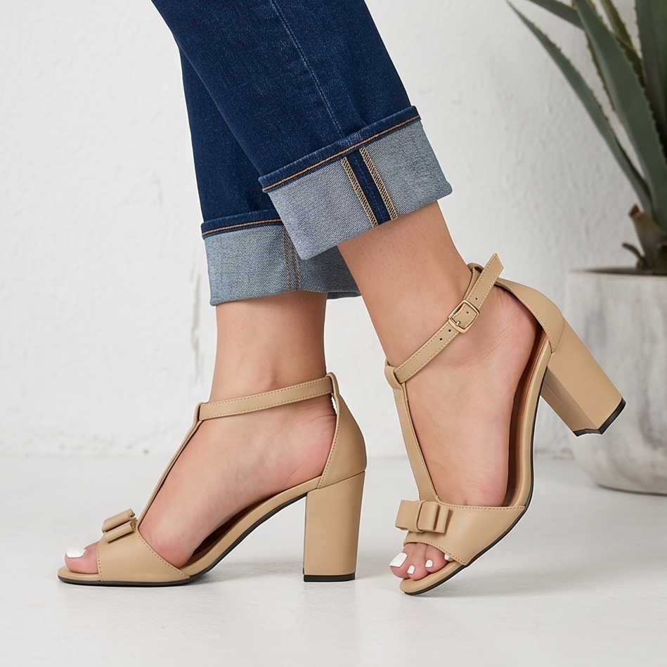 Sandalias de Tacón Grueso con Moño — Modelo Luna Clara