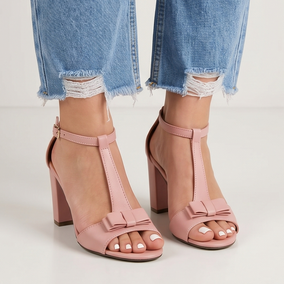 Sandalias de Tacón Grueso con Moño — Modelo Luna Clara