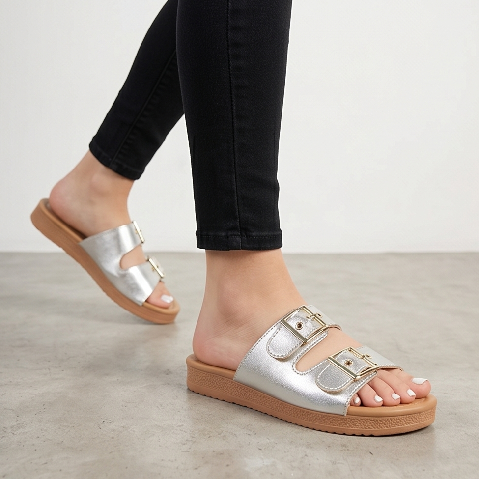 Sandalias con Doble Hebilla Metalizada — Modelo Eloisa