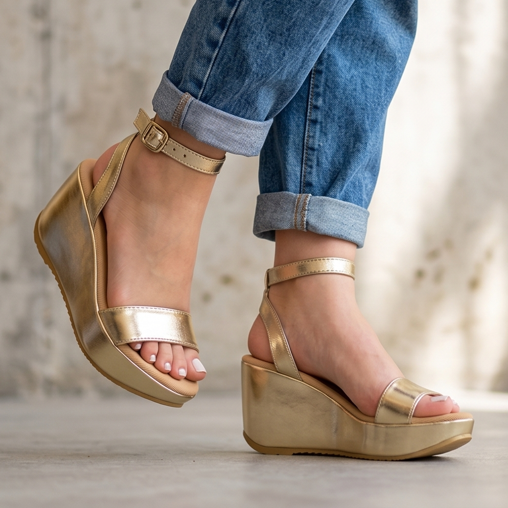Sandalias de Cuña con Correa Metalizada — Modelo Larissa