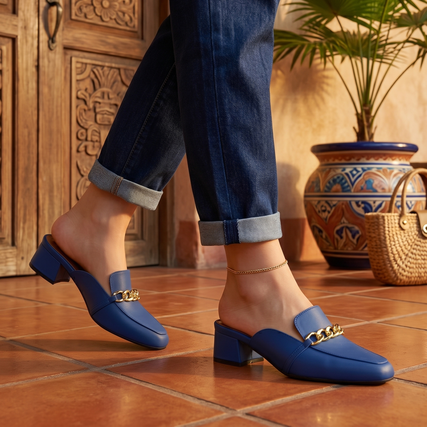 Mules Mocasín con Cadena y Tacón Bajo — Modelo Florencia