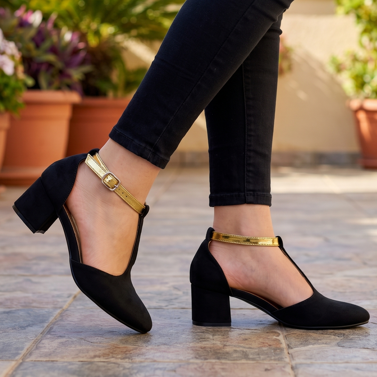 Zapatos de Gamuza con Correa Metalizada — Modelo Saya
