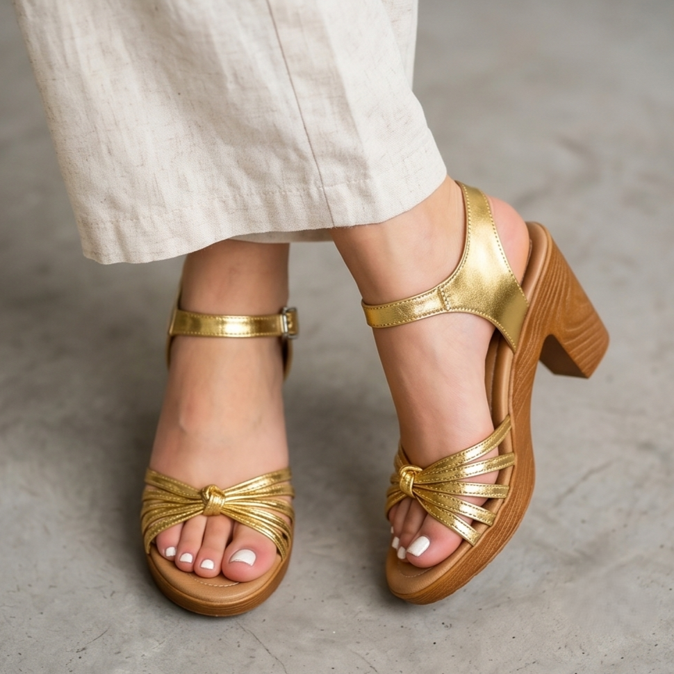 Sandalias Metalizadas de Tacón Grueso — Modelo Pandora