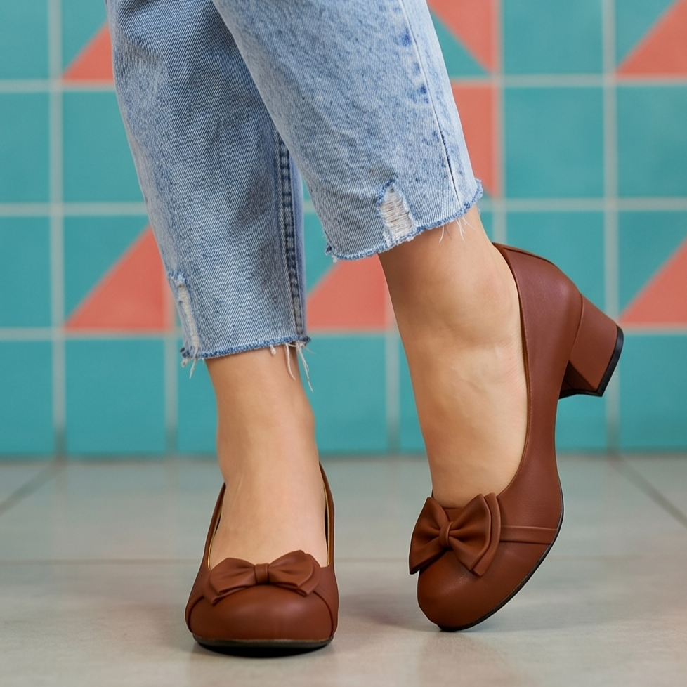 Zapatos de Tacón Cuadrado con Moño — Modelo Cascada