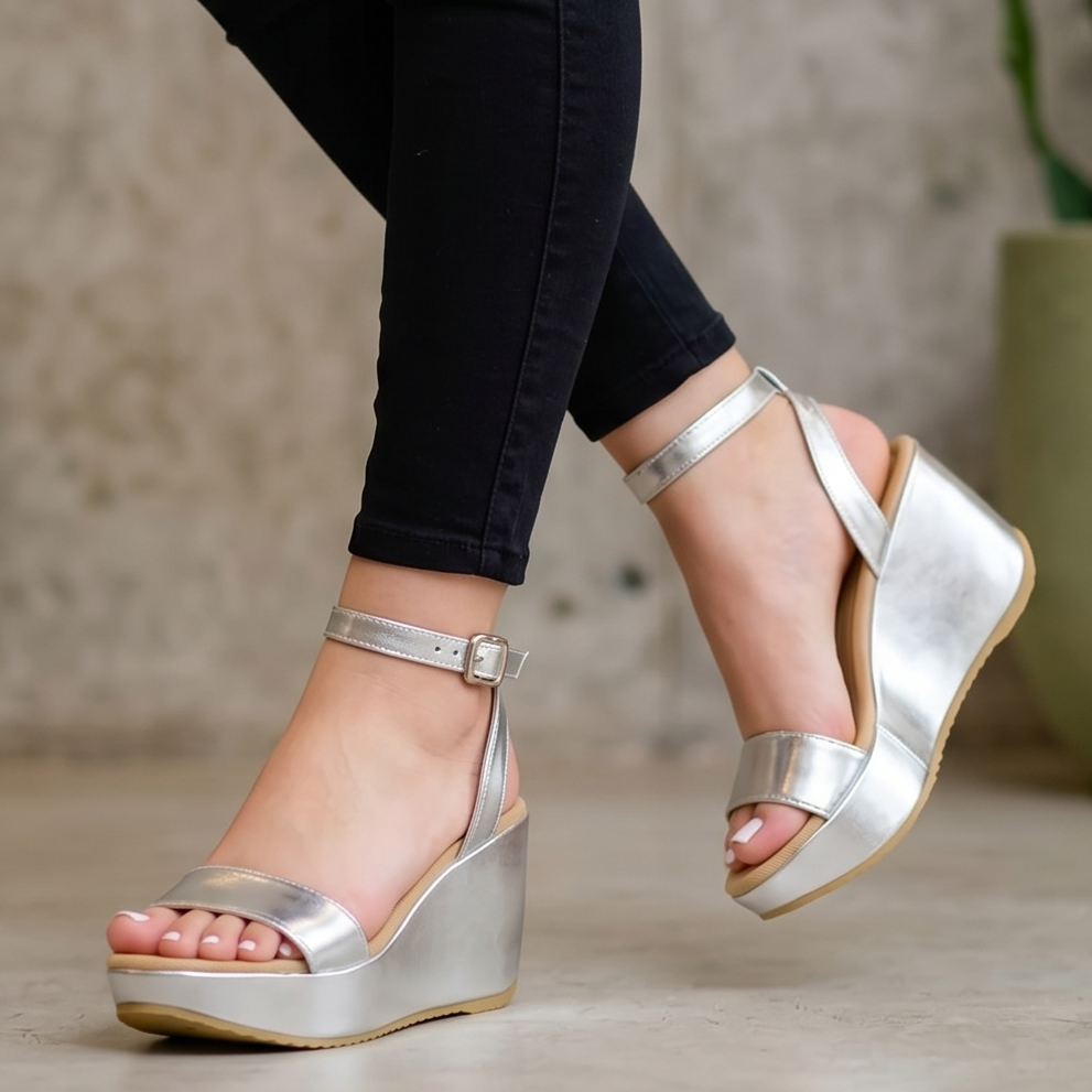 Sandalias de Cuña con Correa Metalizada — Modelo Larissa