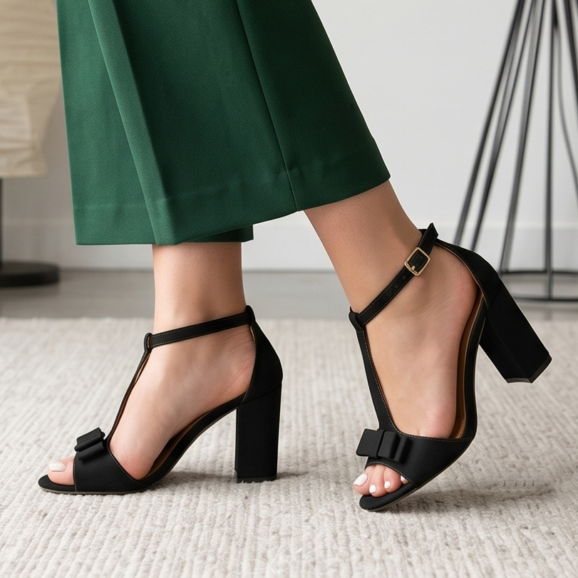 Sandalias de Tacón Grueso con Moño — Modelo Luna Clara