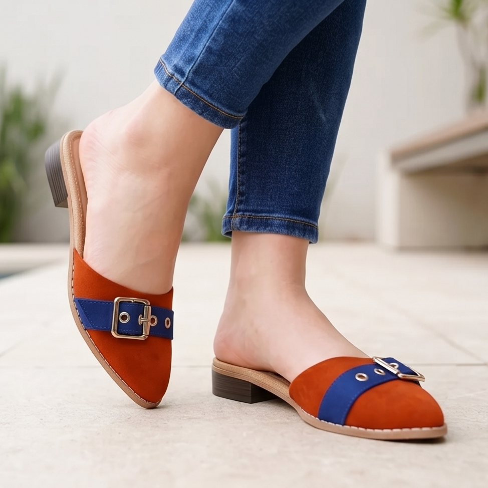 Mules de Gamuza con Hebilla Metálica — Modelo Rosa Maria