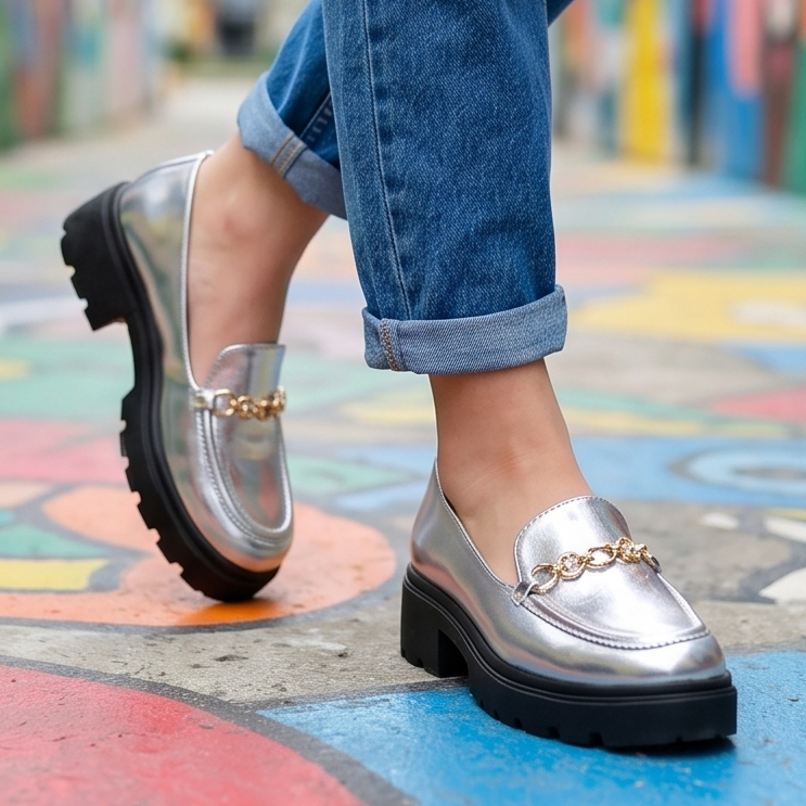 Mocasines Metalizados con Cadena — Modelo Ravena