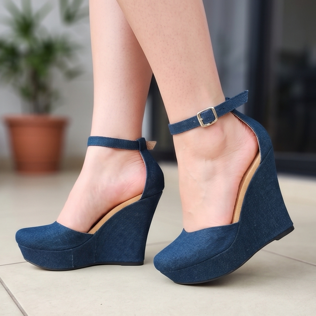 Plataformas de Tela Jean con Tobillera — Modelo Jazmin
