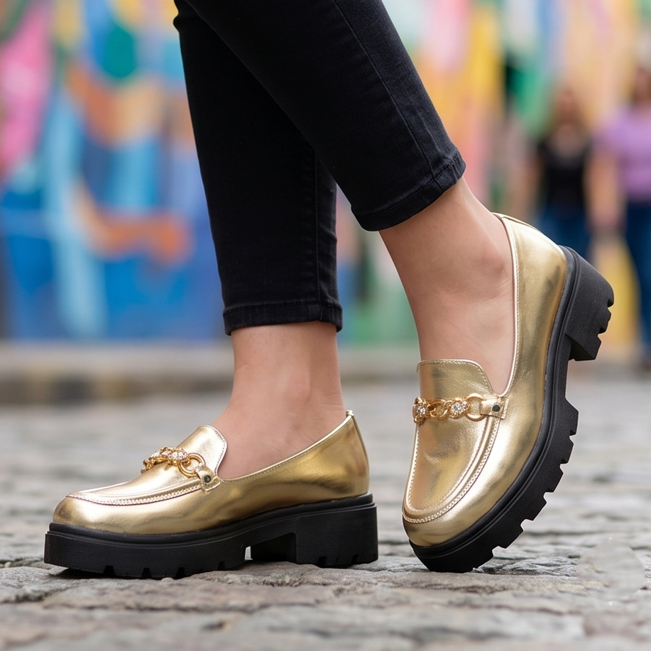 Mocasines Metalizados con Cadena — Modelo Ravena