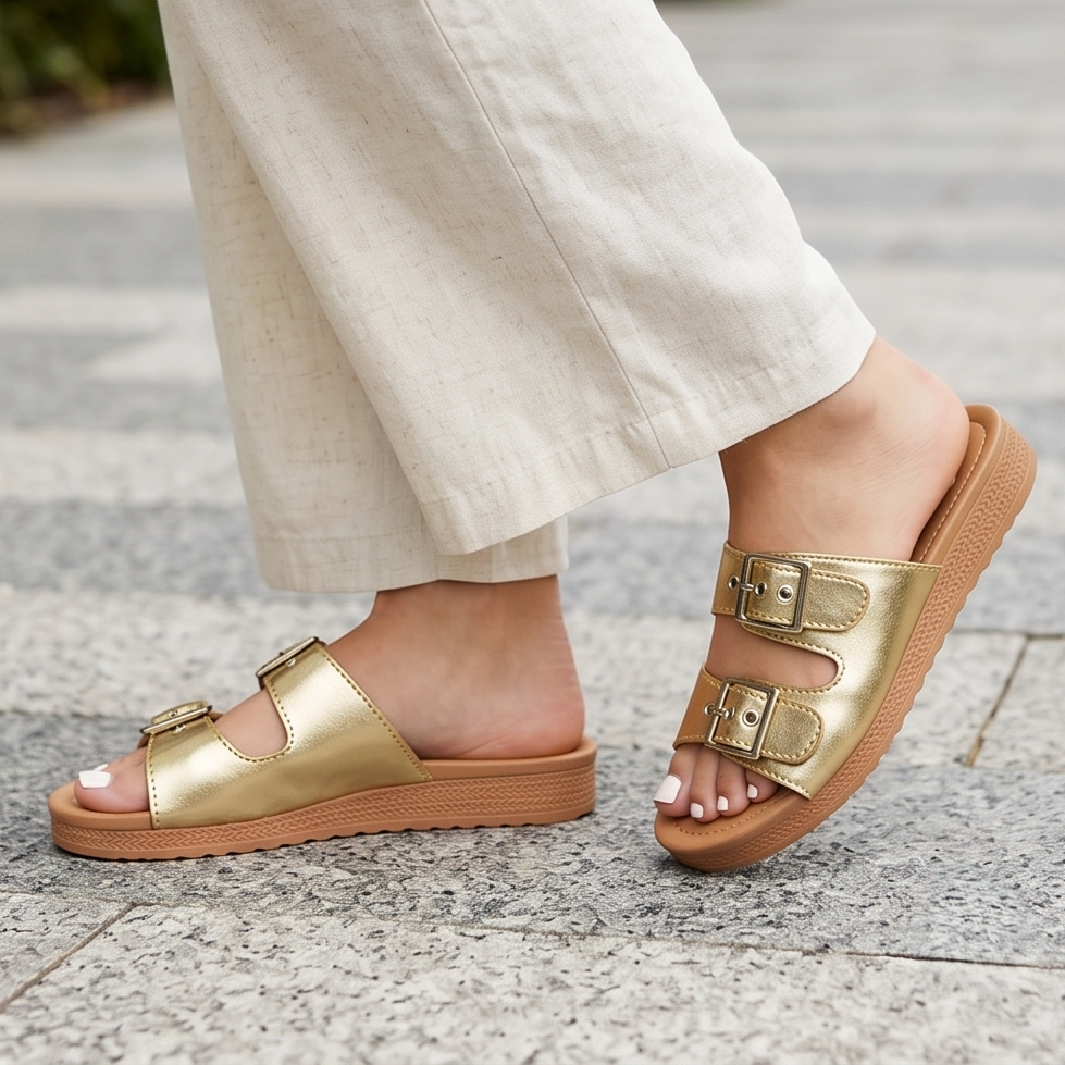 Sandalias con Doble Hebilla Metalizada — Modelo Eloisa