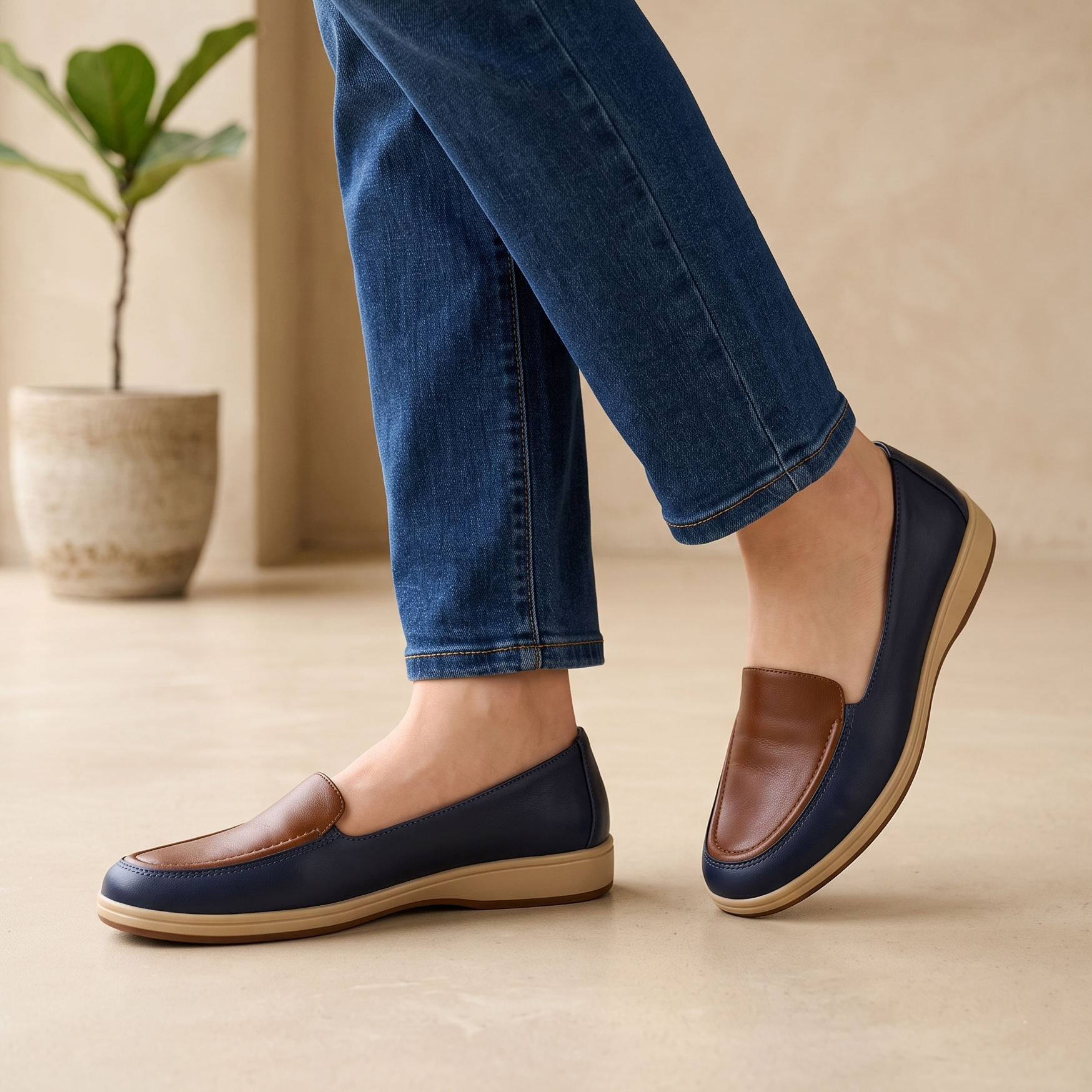 Mocasines Bicolor de Punta Redonda — Modelo Margarita