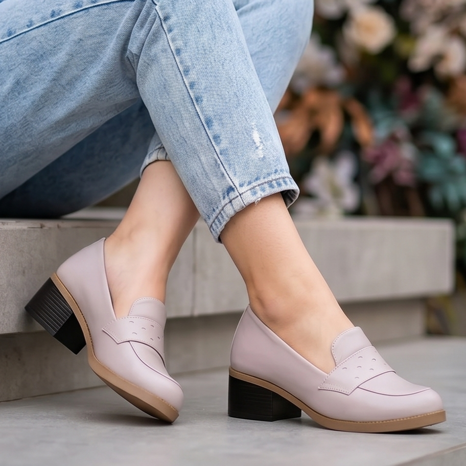 Mocasines de Tacón Grueso con Perforado — Modelo Alba