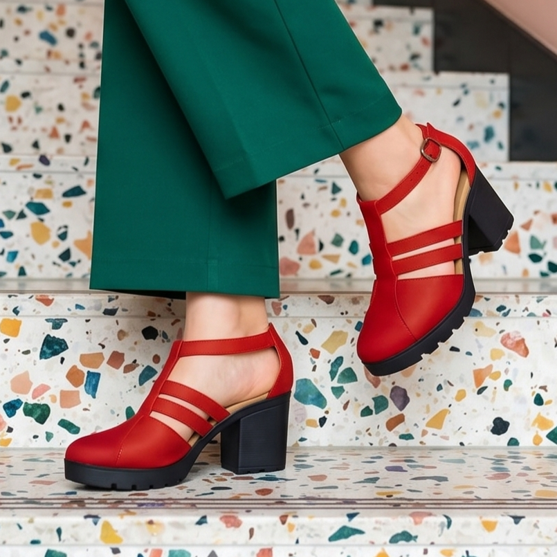 Sandalias Cerradas con Tres Fajas y Plataforma — Modelo Belen